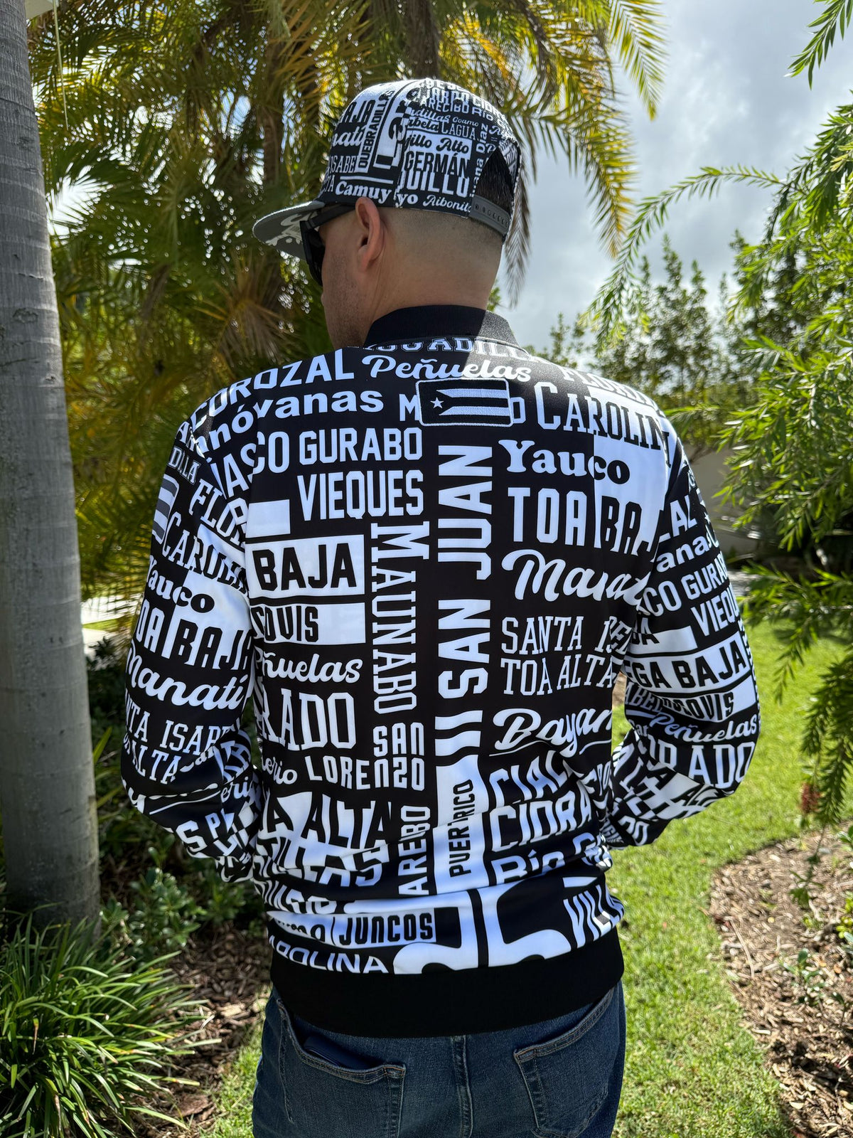 Puerto Rico 78 Pueblos Bomber Jacket | Black White Streetwear Jacket