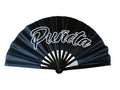 Black Puñeta large clack fan with white script artwork and bamboo ribs