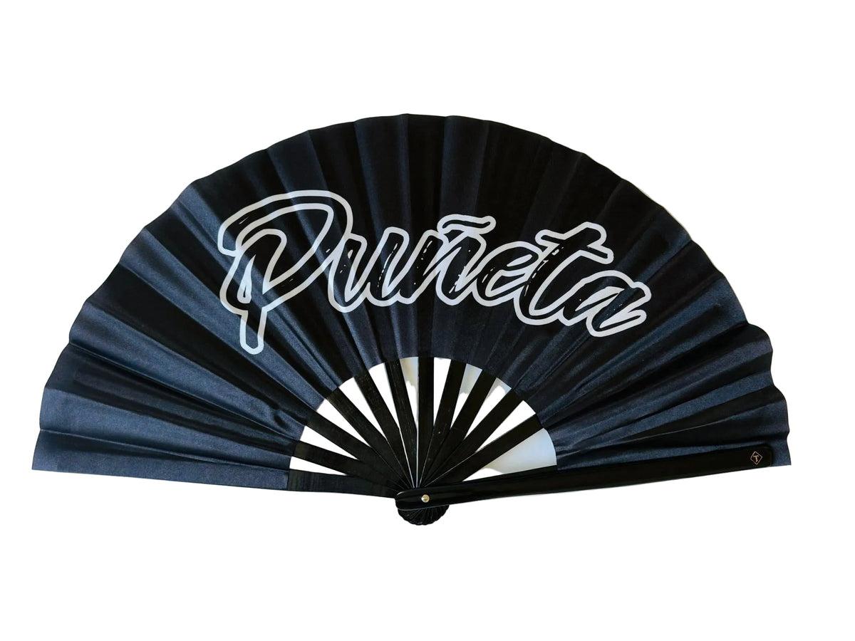 Black Puñeta large clack fan with white script artwork and bamboo ribs