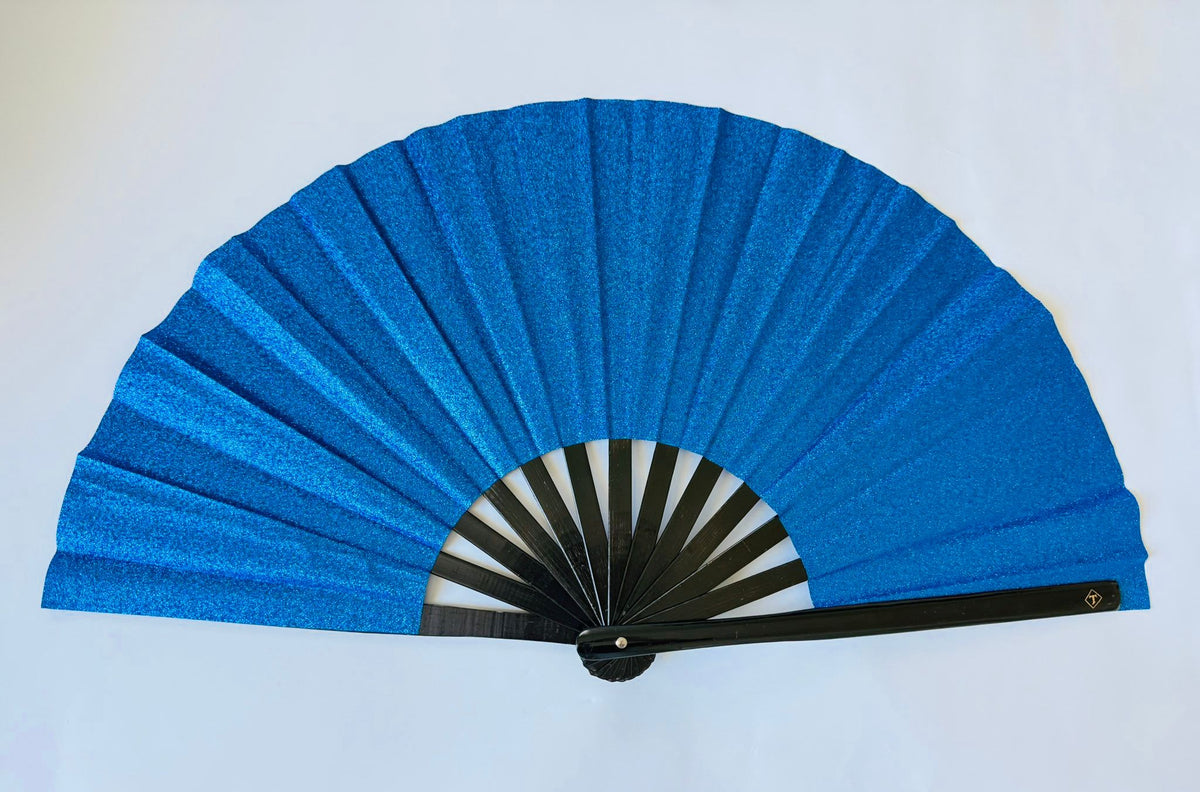 Blue Glitter Bamboo Folding Fan
