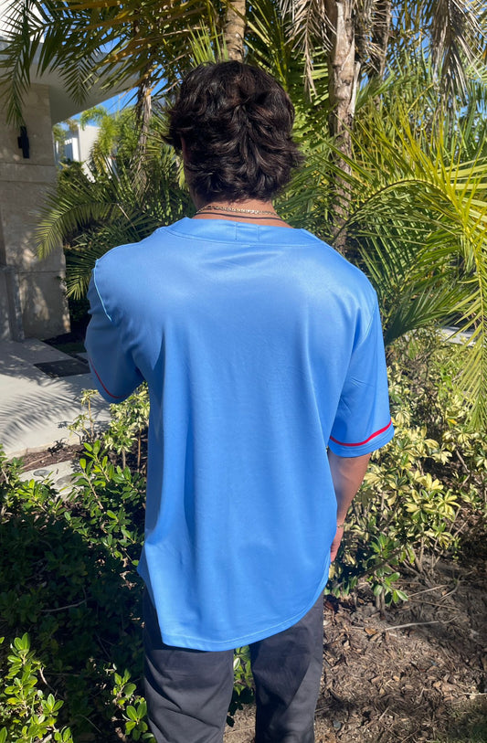 Puerto Rico Baseball Jersey – Light Blue Button-Up Shirt with Red PUERTO RICO Embroidery – Lightweight Cultural Streetwear for Men