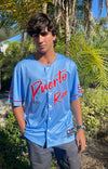 Puerto Rico Baseball Jersey – Light Blue Button-Up Shirt with Red PUERTO RICO Embroidery – Lightweight Cultural Streetwear for Men