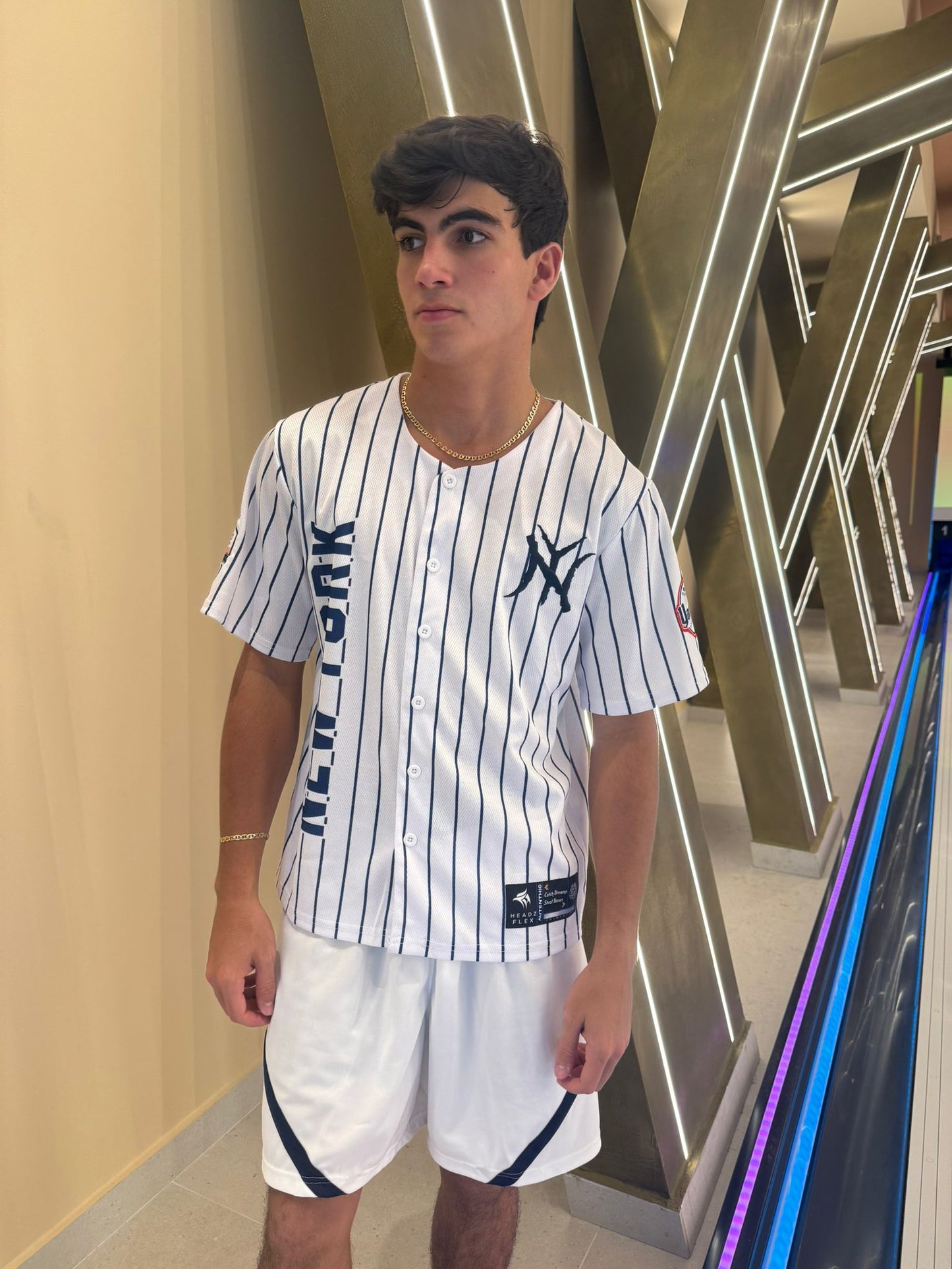 New York 22 Fan Baseball Jersey – White Mesh Button Up, Blue & Orange Trim