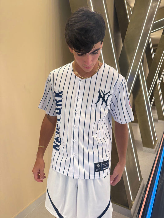 New York 22 Fan Baseball Jersey – White Mesh Button Up, Blue & Orange Trim