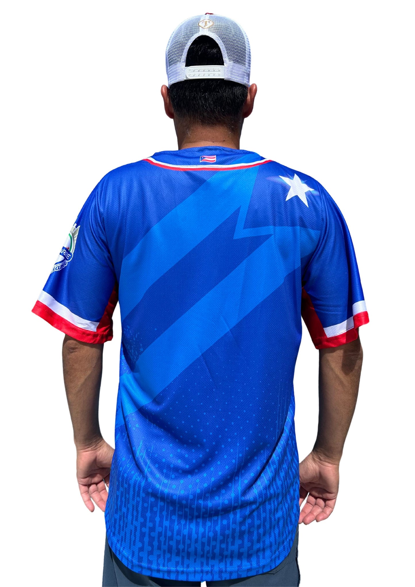 SerieDel Caribe  Baseball Jersey – Blue & Red Flag Design