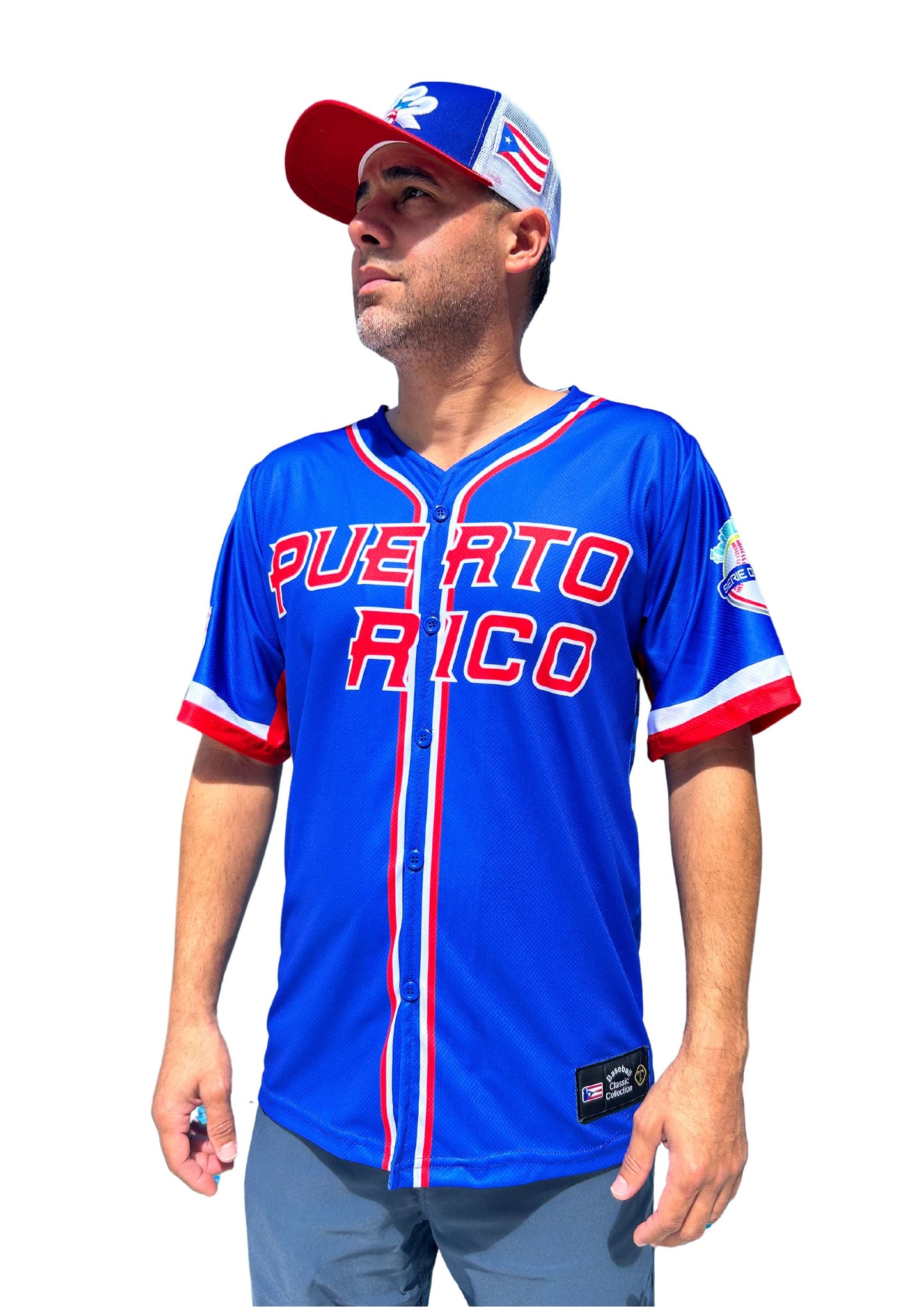 SerieDel Caribe  Baseball Jersey – Blue & Red Flag Design