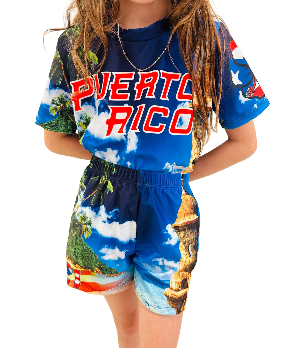 Kids Puerto Rico summer outfit with blue El Morro shirt and matching shorts