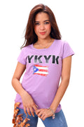Woman wearing a purple t-shirt with 'YKYK' and a flag design on a white background