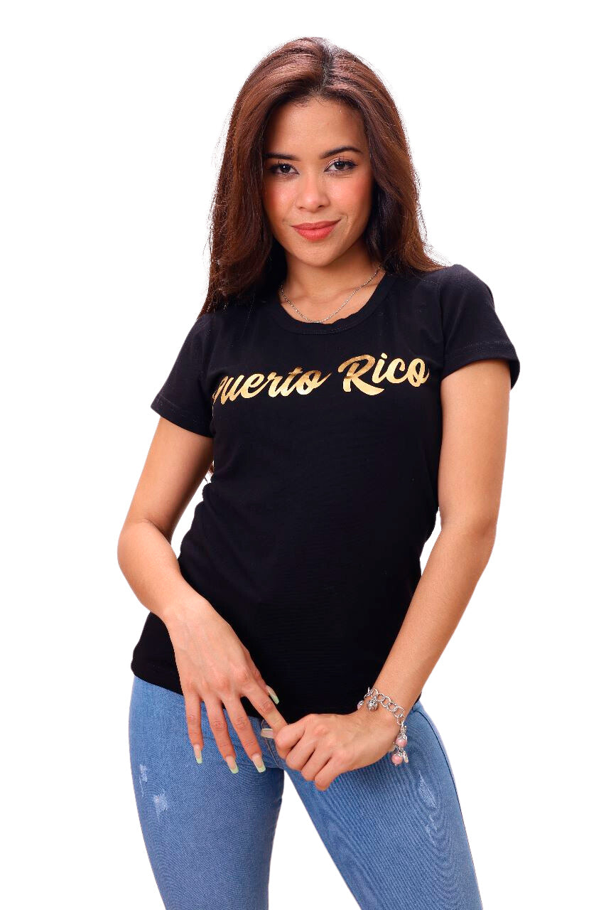 Woman wearing a black t-shirt with 'Puerto Rico' printed in yellow on a white background