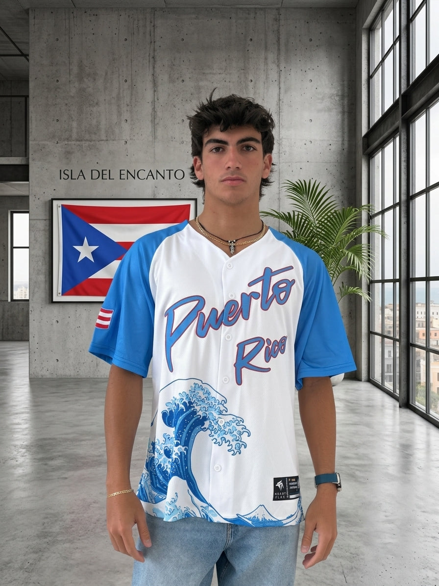 Puerto Rico Baseball Jersey – Boricua Wave Embroidered Button-Up Shirt