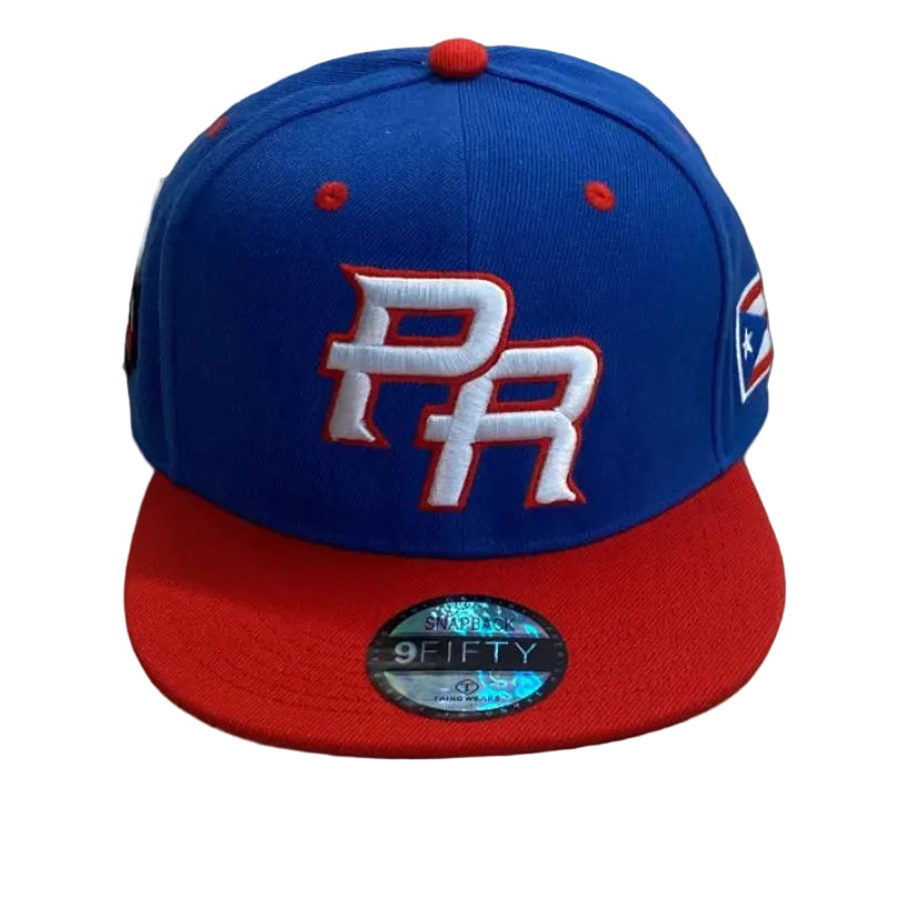 Blue and red cap with a logo on a wooden floor with a plant in the background