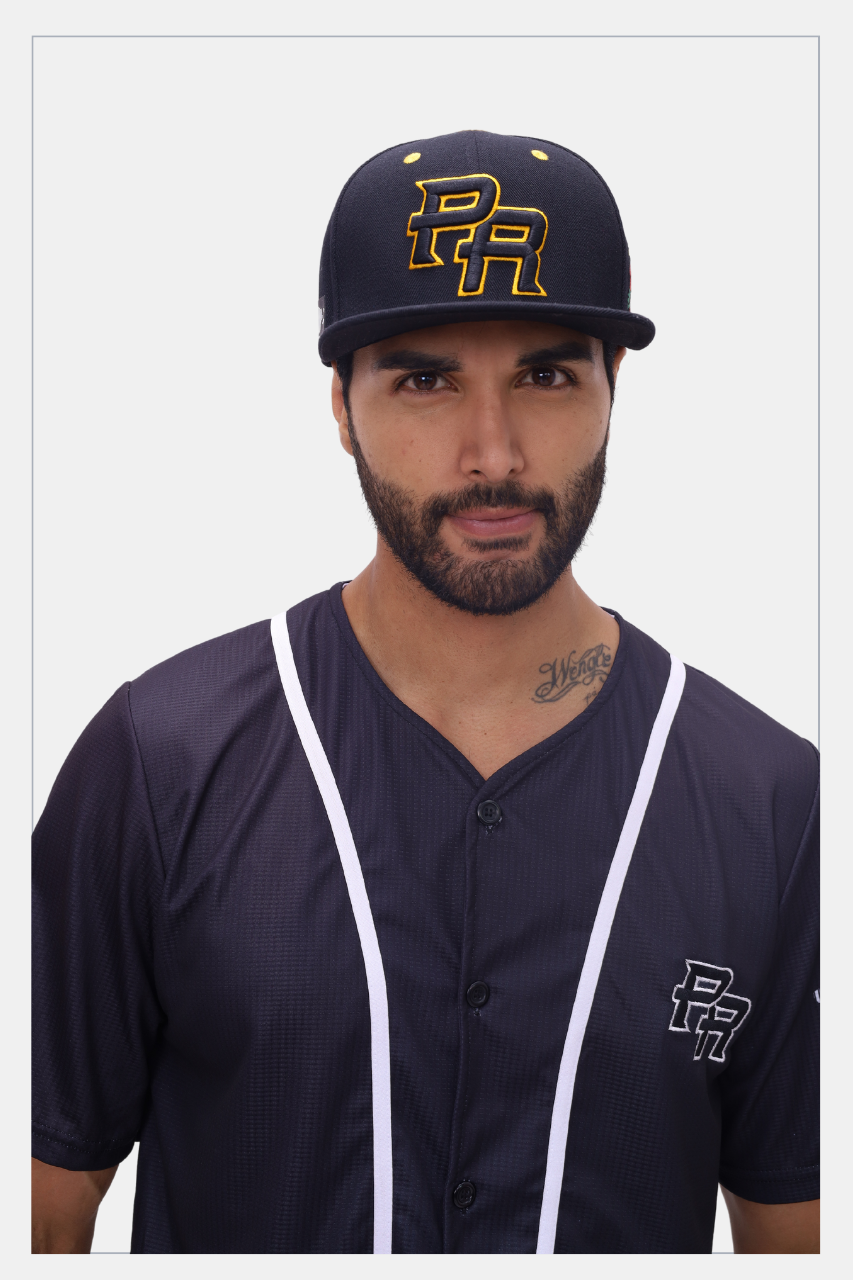 Boricua black flat brim cap with PR embroidery and Puerto Rico map barcode