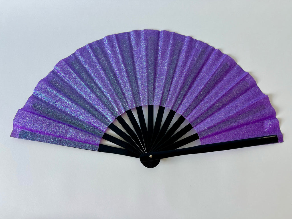 Glitter Folding Hand Fan – Strong Bamboo Frame with Loud Clack | Sparkly Festival Fan in PURPLE