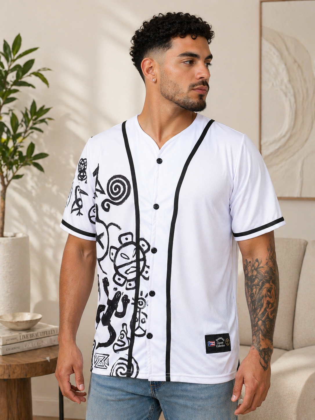 Puerto Rico Taino Jersey – White Baseball Shirt with Black Symbols