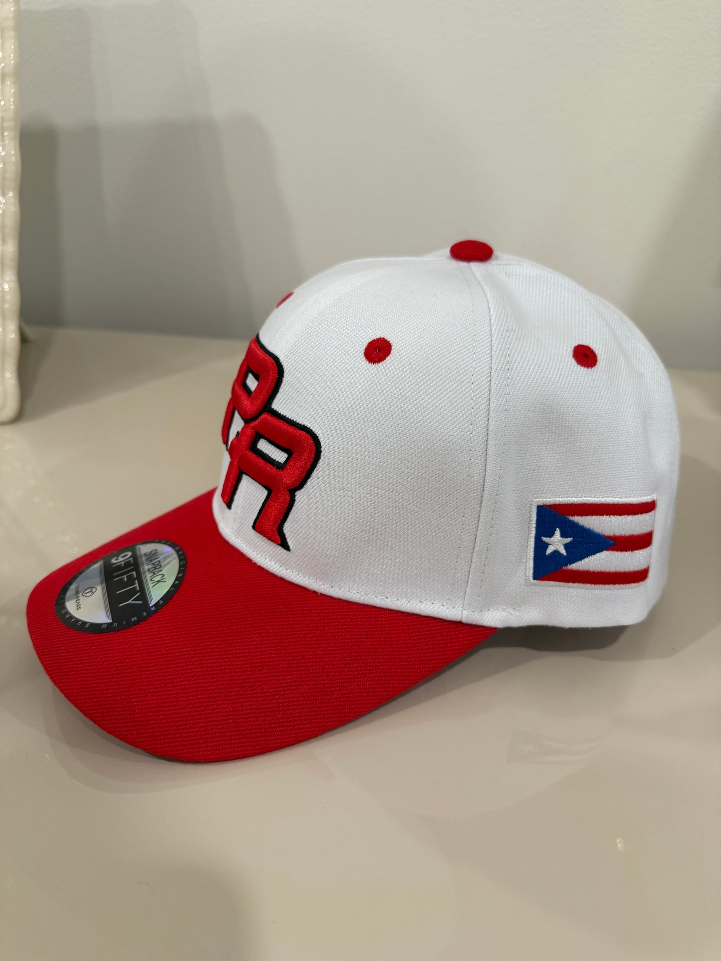 Puerto Rico PR Snapback Hat – Red/White Curved Brim Cap, 3D Embroidery,