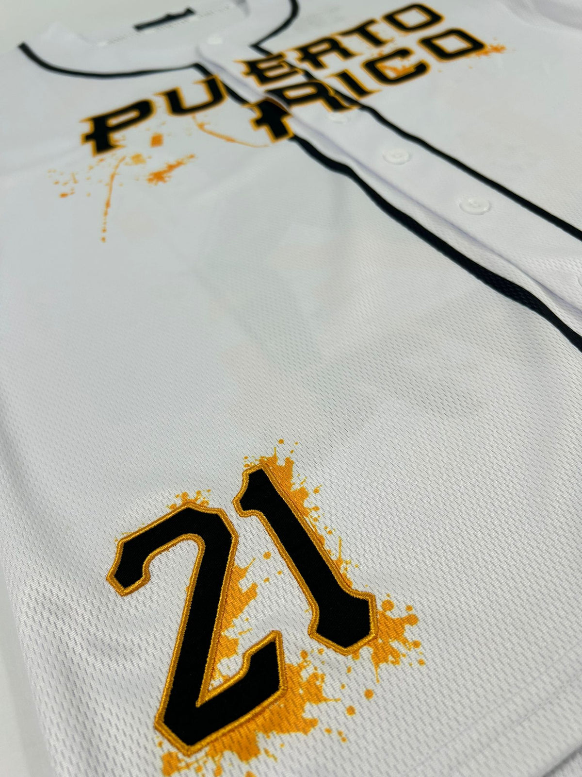 Puerto Rico GOAT 21 Baseball Jersey – White Tribute Button Jersey