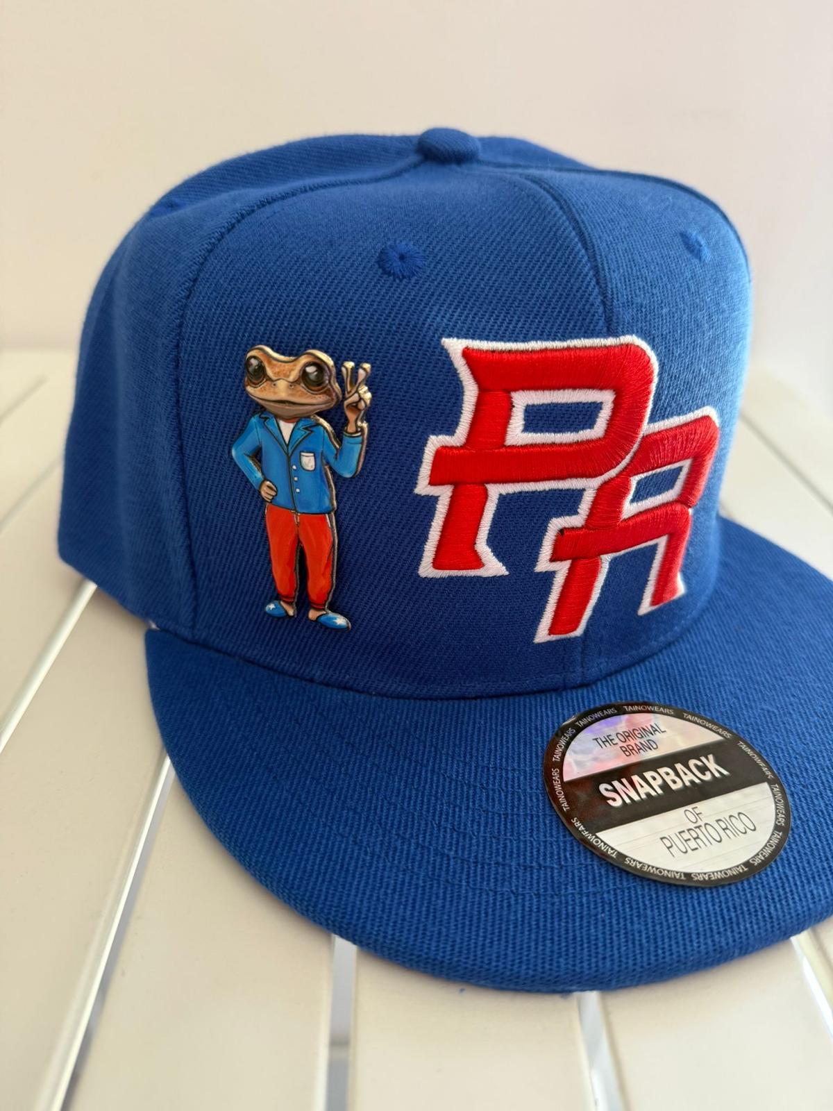 Pinned Metallic Sapo Concho Puerto Rico Snapback Hat: Embroidered Black Coqui Patch