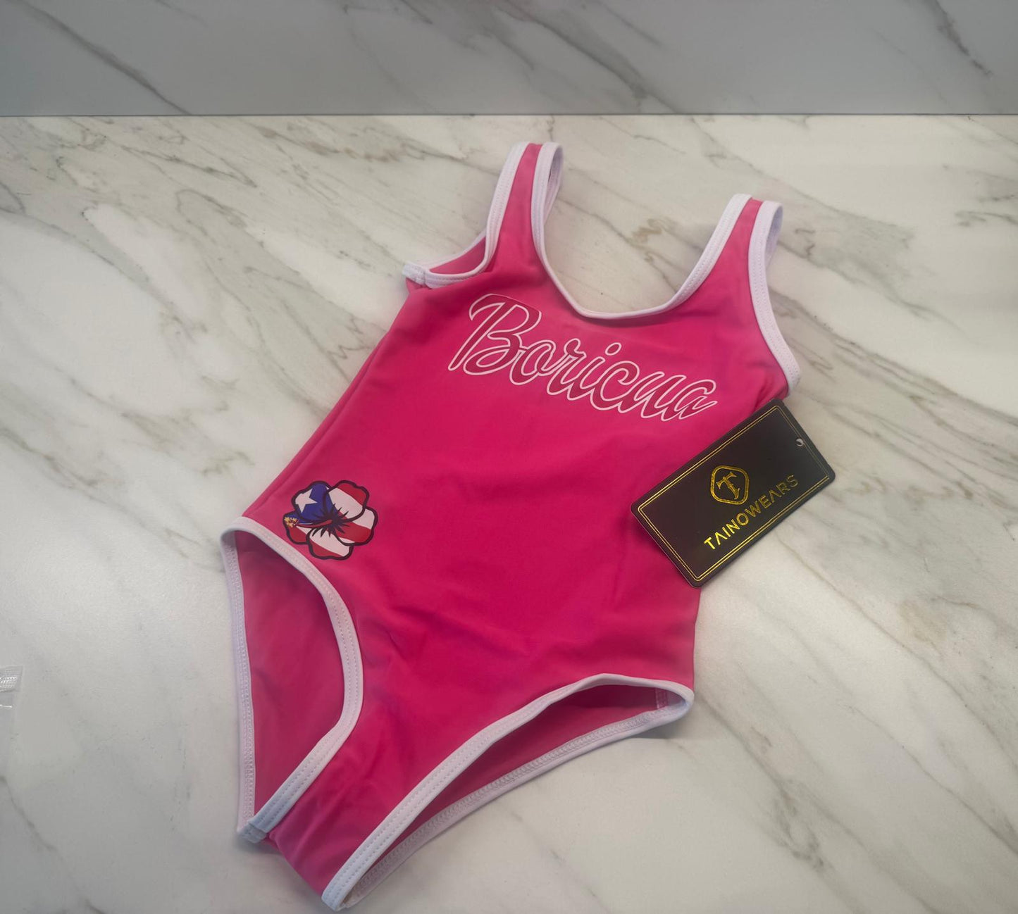 Boricua Pink One Piece Bathing Suit – Lycra Swimsuit for Girls