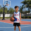 Child holding a basketball on a court with a Puerto Rico jersey