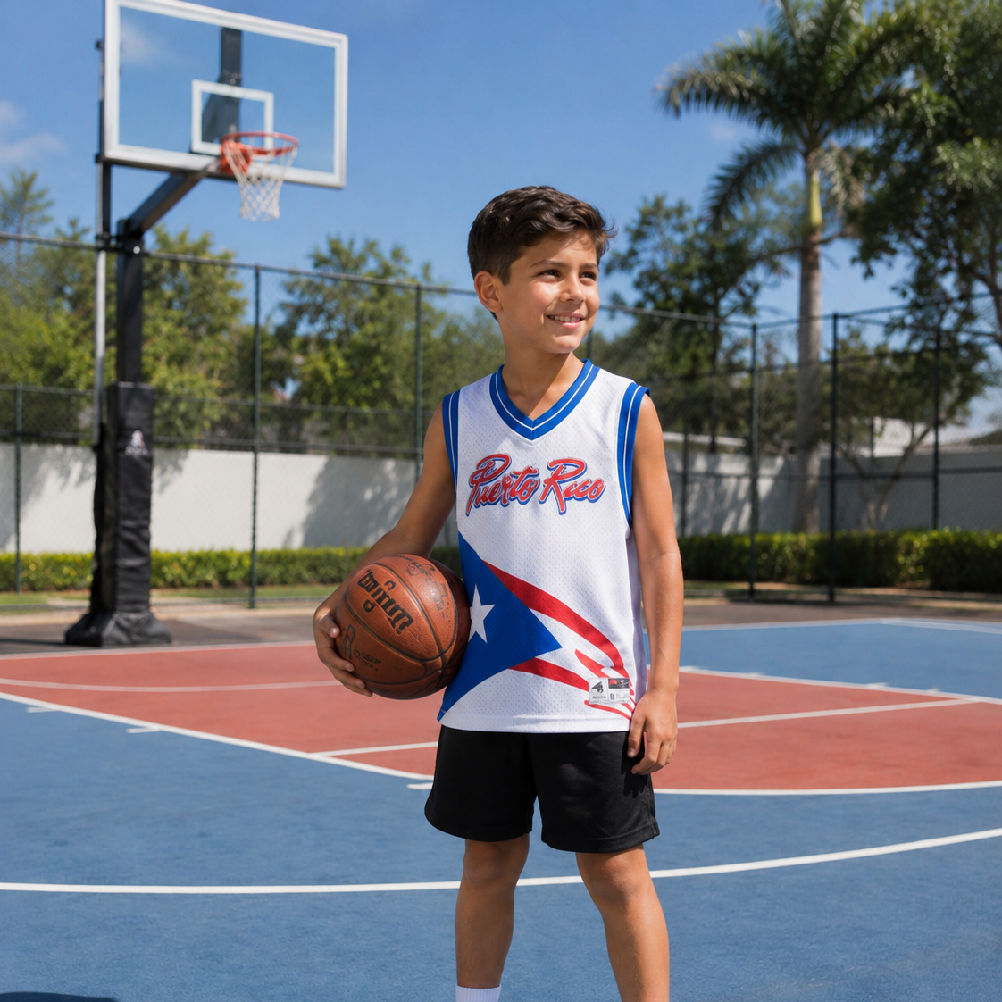 Child holding a basketball on a court with a Puerto Rico jersey