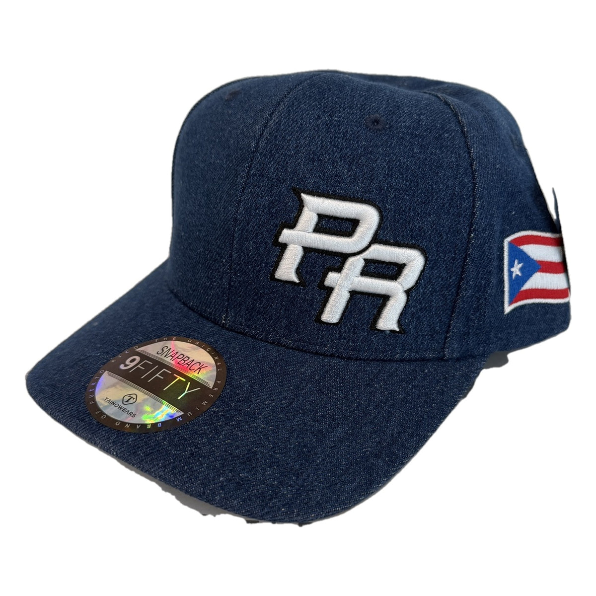 Puerto Rico Denim PR Snapback Hat – Curved Brim, Embroidered PR & Flag Patch