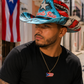 Puerto Rico straw cowboy hat with turquoise western design and crystal star