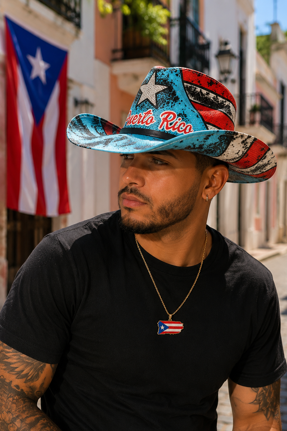Puerto Rico straw cowboy hat with turquoise western design and crystal star