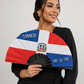 Dominican flag handheld clack fan with red white and blue design