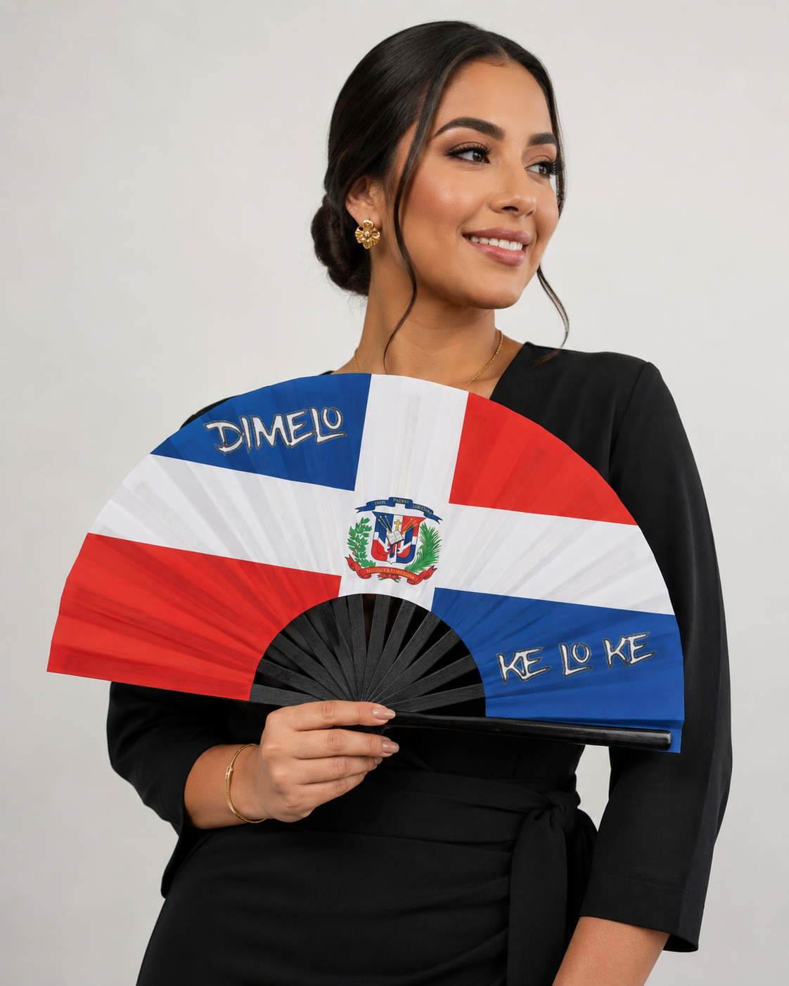 Dominican flag handheld clack fan with red white and blue design
