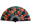 Puerto Rico Flor Maga folding fan with tropical flowers and black bamboo ribs
