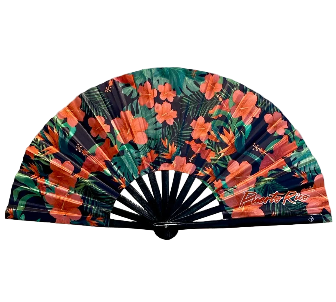Puerto Rico Flor Maga folding fan with tropical flowers and black bamboo ribs