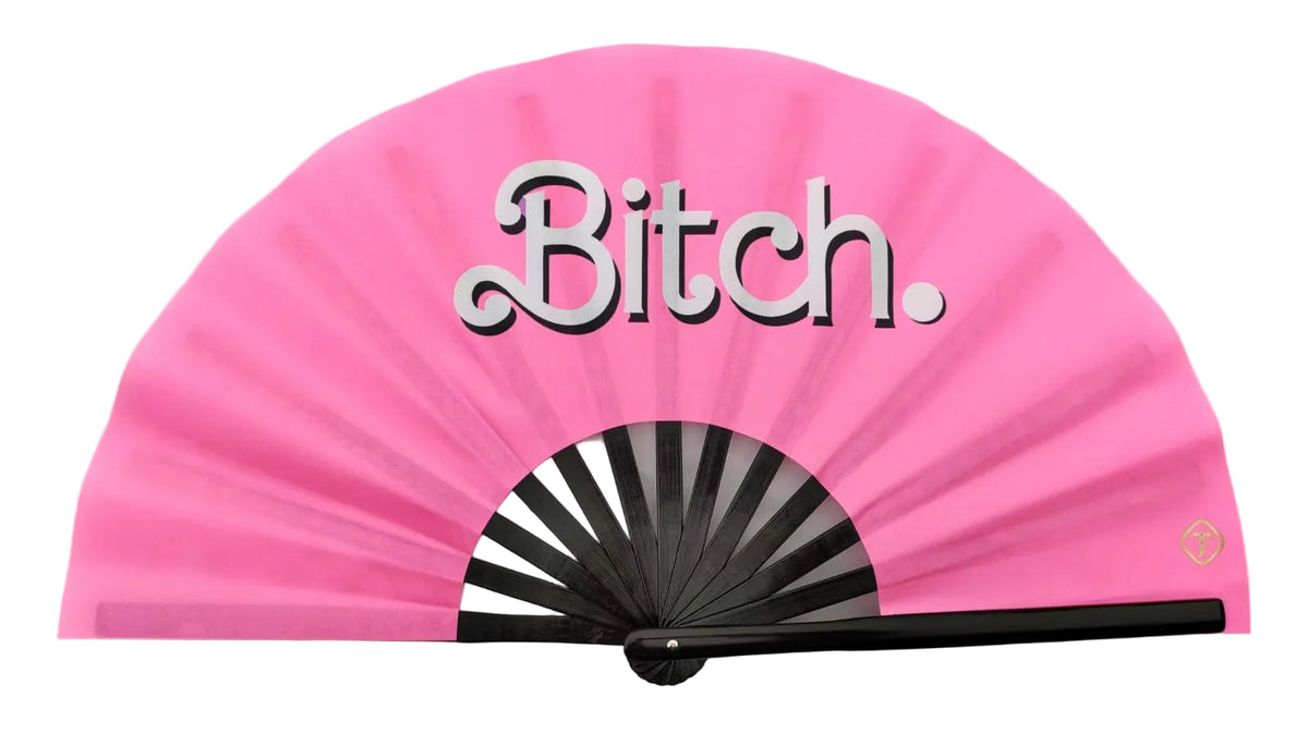 Bright pink large bamboo folding clack fan with bold statement design