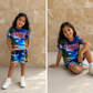 Blue kids swim set with El Morro Puerto Rico design and stretch fabric