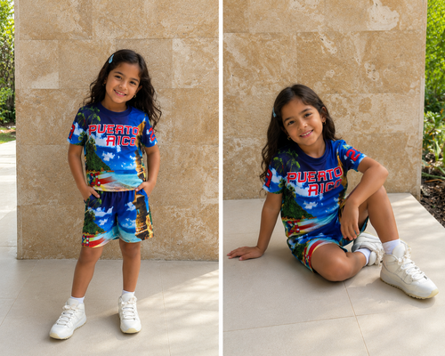 Blue kids swim set with El Morro Puerto Rico design and stretch fabric