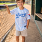 White blue Dominican kids baseball jersey with pinstripe design