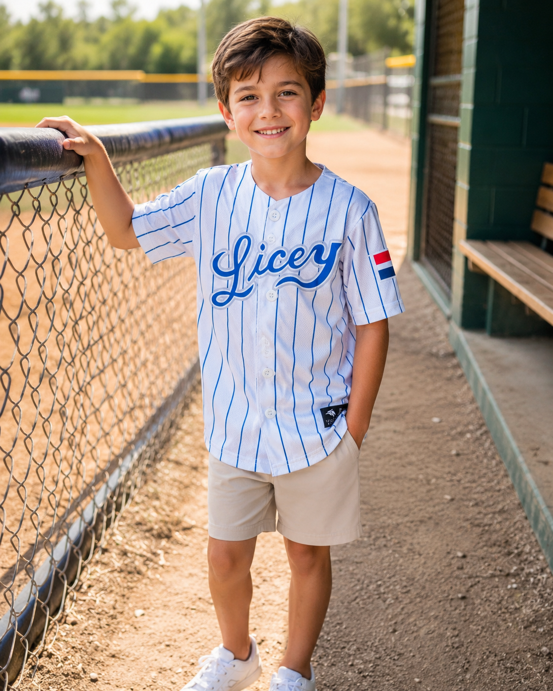 White blue Dominican kids baseball jersey with pinstripe design