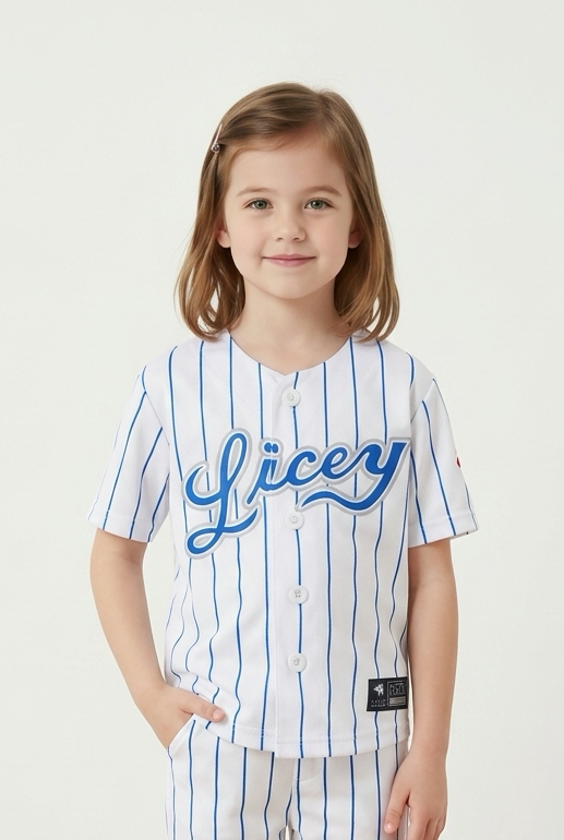 White blue Dominican kids baseball jersey with pinstripe design