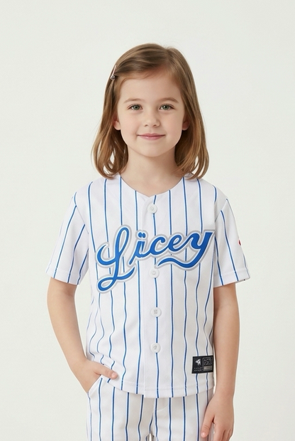 White blue Dominican kids baseball jersey with pinstripe design