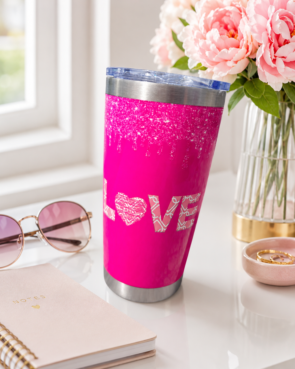 Pink Glitter Love 20oz Tumbler – Insulated Stainless Steel Travel Cup