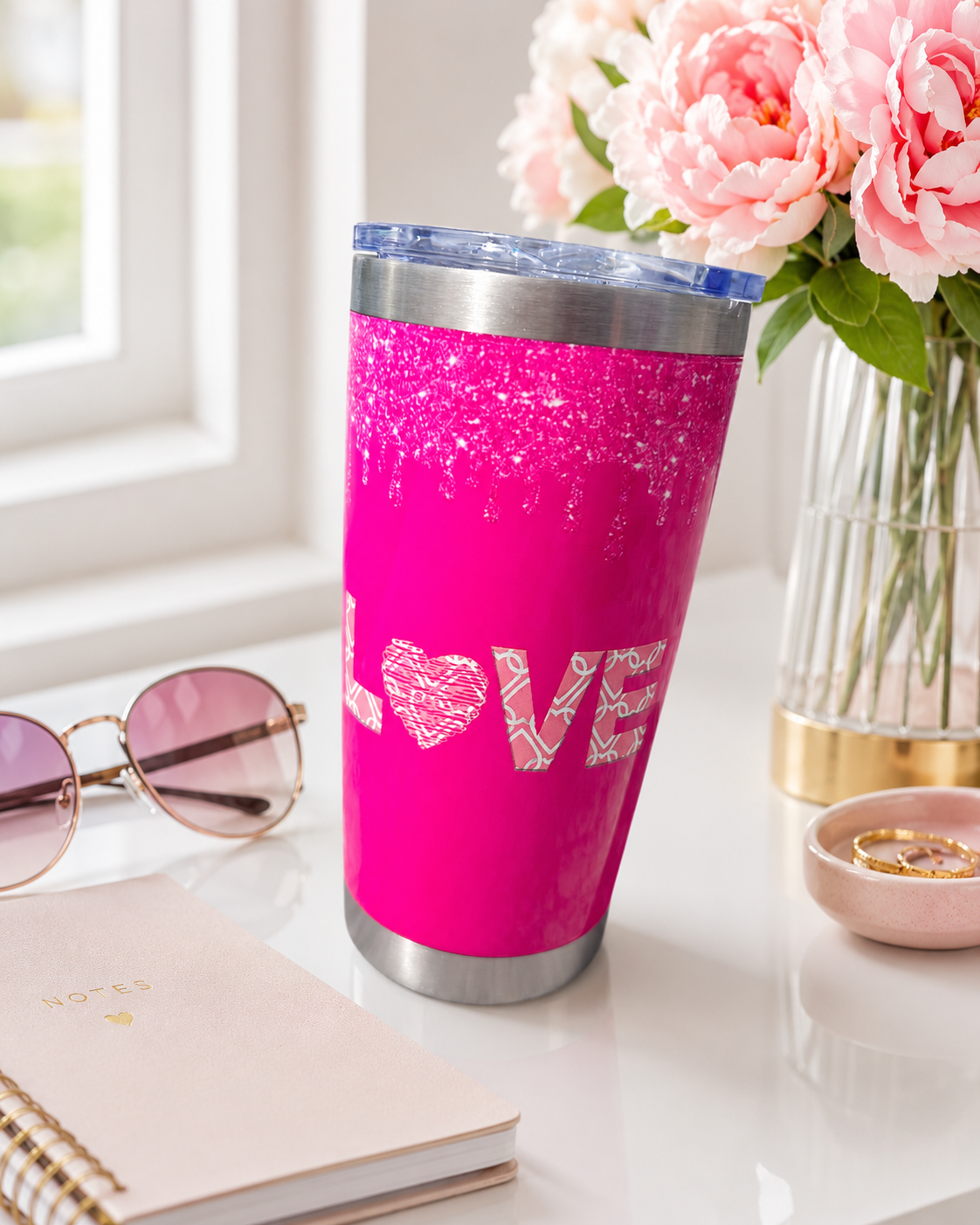 Pink Glitter Love 20oz Tumbler – Insulated Stainless Steel Travel Cup