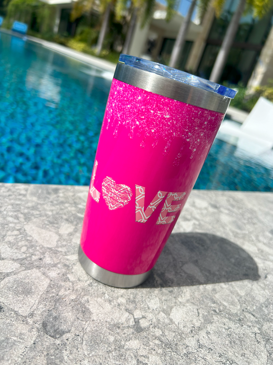Sparkling Pink Drip "LOVE" Travel Mug - 20oz