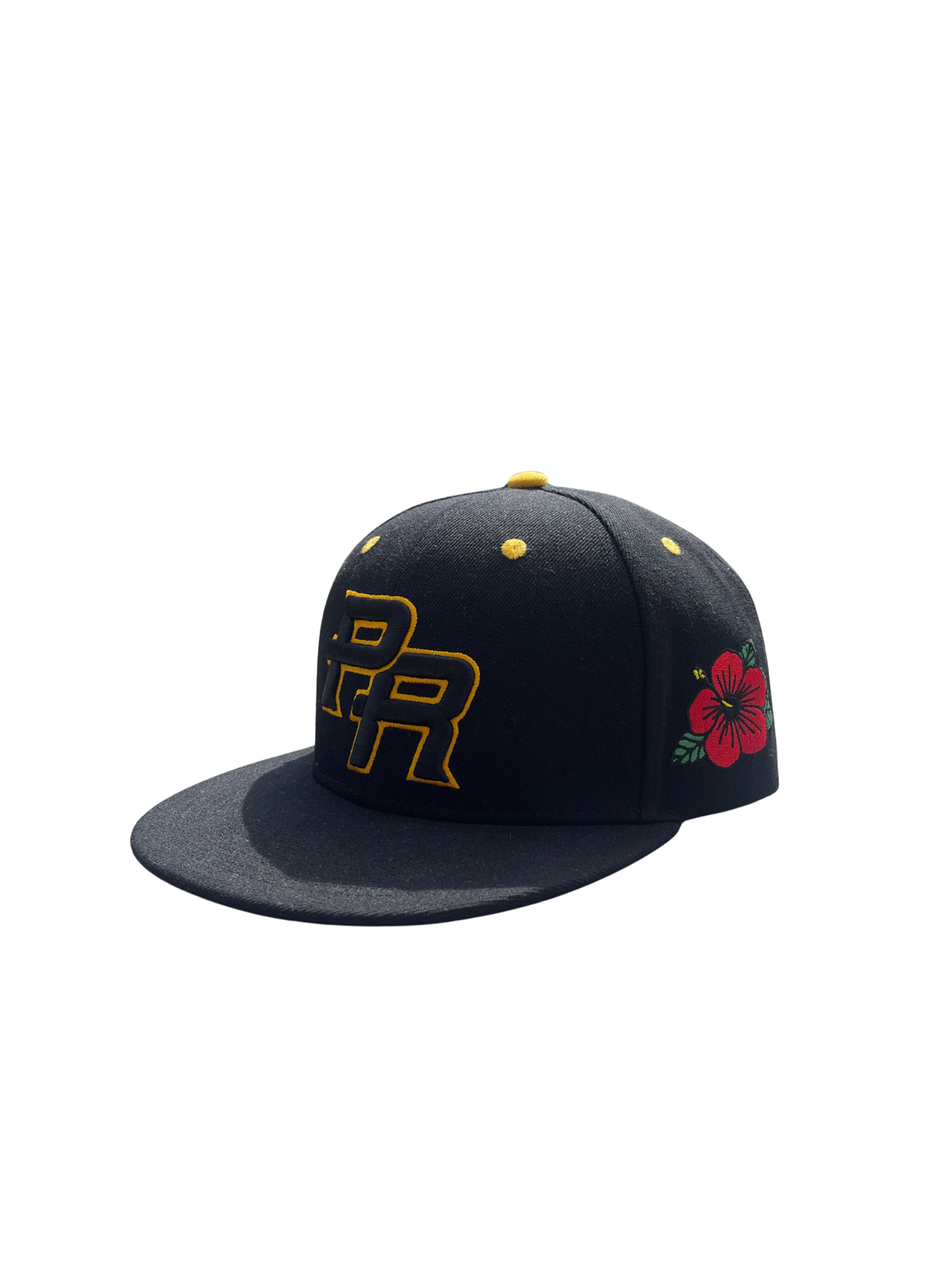 Black Puerto Rico PR snapback hat with Morro Coqui and Flor Maga embroidery