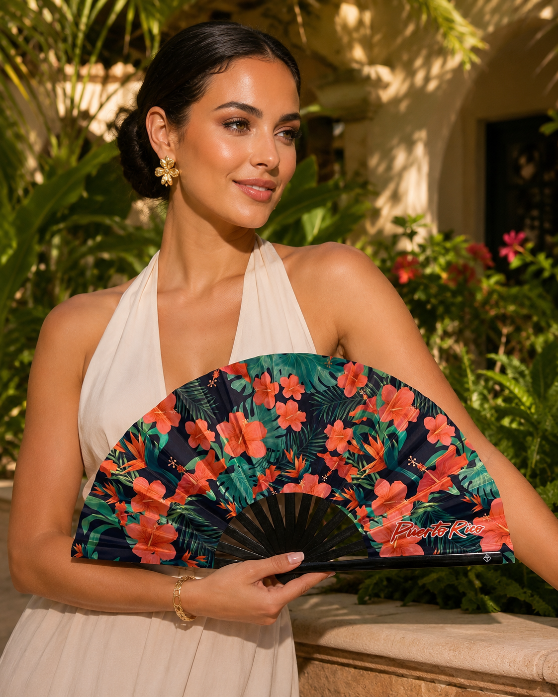 Puerto Rico floral folding hand fan for festivals beach days and vacations