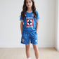 Blue kids swim set with El Morro Puerto Rico design and stretch fabric