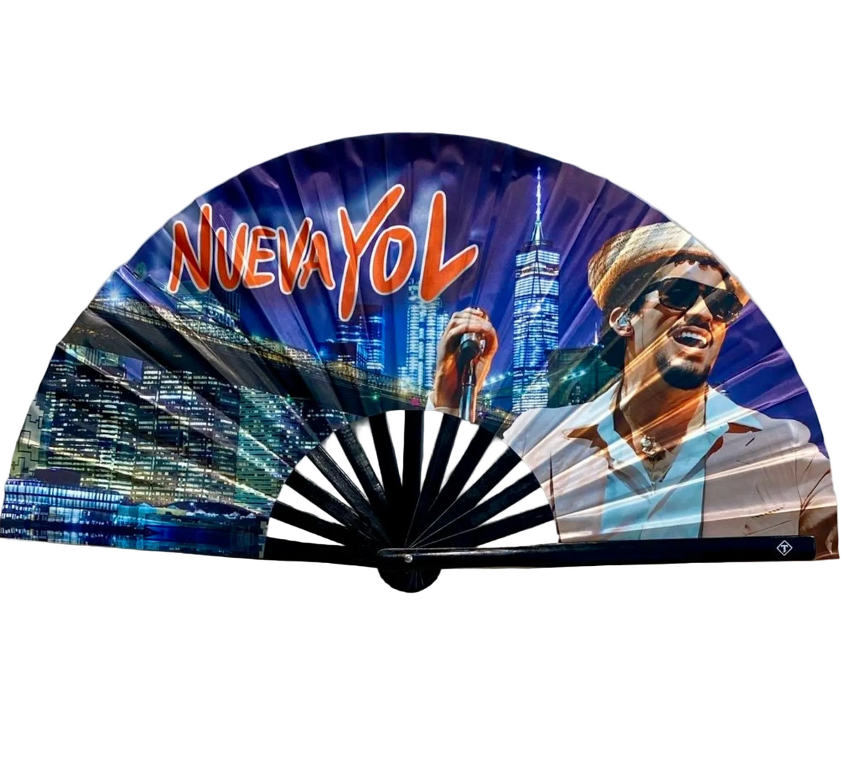 NuevaYol NYC folding fan with city lights artwork and black bamboo ribs