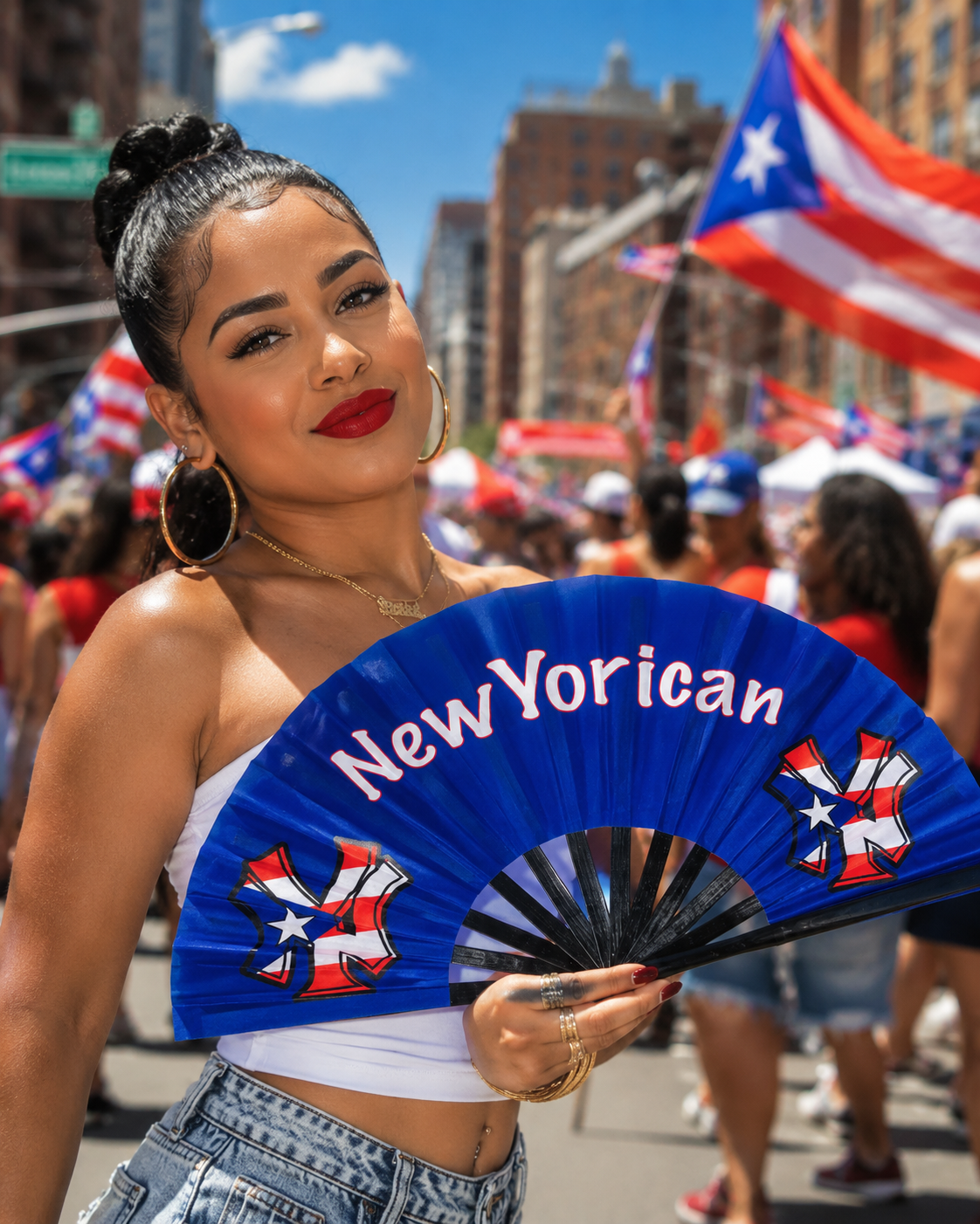 Blue NewYorican bamboo clack fan for parades and festivals