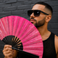 Pink shimmer bamboo clack fan for parties and festivals