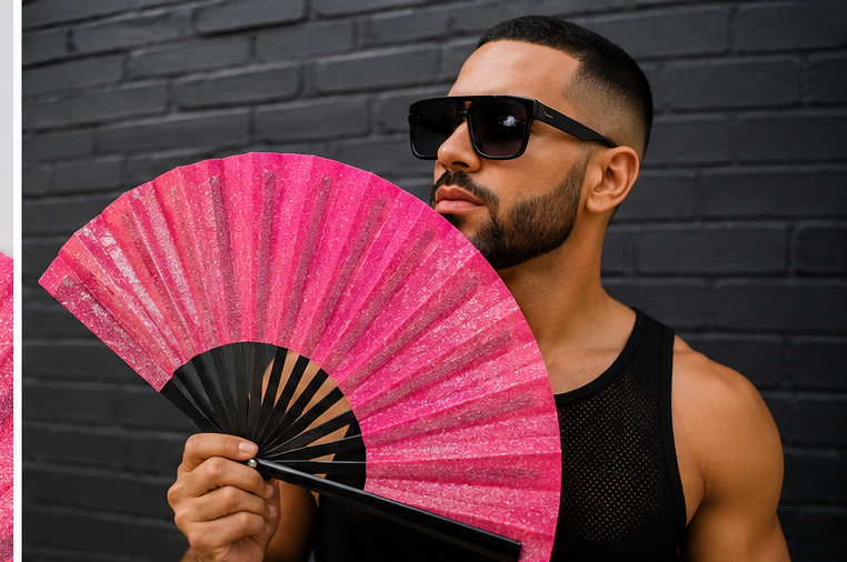 Pink shimmer bamboo clack fan for parties and festivals