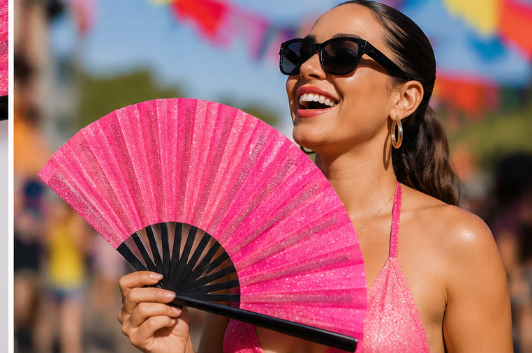 Bright pink folding hand fan with glitter finish