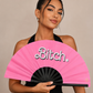 Large pink clack fan with bamboo ribs for nightlife and event outfits